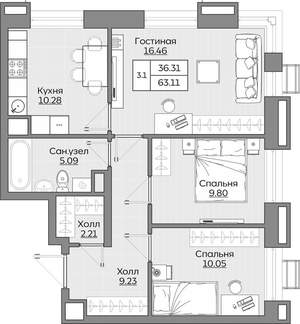 3-к квартира, вторичка, 63м2, 2/24 этаж