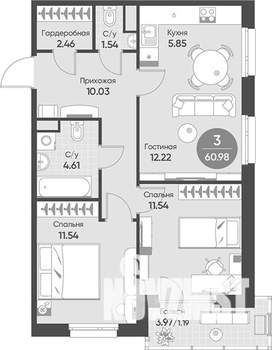 3-к квартира, вторичка, 62м2, 8/21 этаж