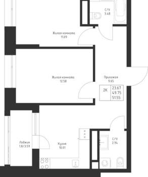 2-к квартира, вторичка, 52м2, 13/23 этаж