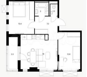 2-к квартира, вторичка, 54м2, 7/10 этаж