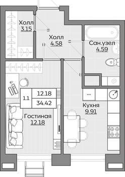 1-к квартира, вторичка, 34м2, 3/24 этаж
