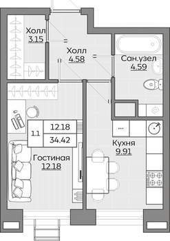 1-к квартира, вторичка, 34м2, 3/24 этаж