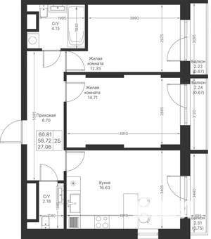 2-к квартира, вторичка, 61м2, 5/25 этаж