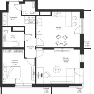 2-к квартира, вторичка, 68м2, 20/25 этаж