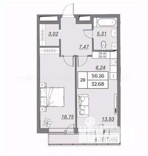 2-к квартира, вторичка, 56м2, 9/9 этаж