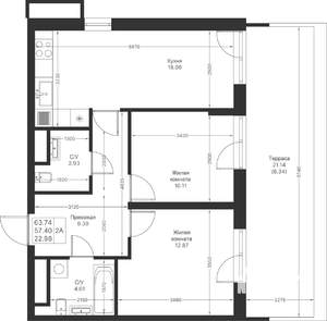 2-к квартира, вторичка, 64м2, 6/25 этаж