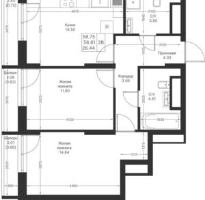 2-к квартира, вторичка, 59м2, 17/25 этаж