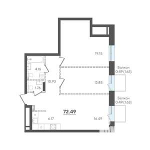 2-к квартира, строящийся дом, 72м2, 4/4 этаж