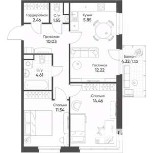 3-к квартира, строящийся дом, 64м2, 14/18 этаж