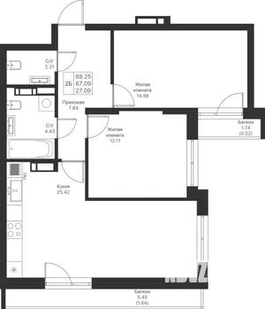2-к квартира, вторичка, 69м2, 10/25 этаж
