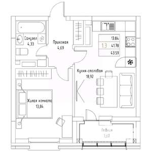 1-к квартира, вторичка, 44м2, 5/9 этаж