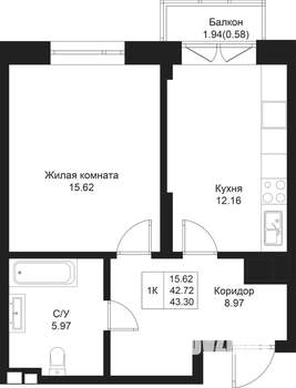 1-к квартира, вторичка, 43м2, 4/5 этаж