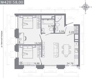 2-к квартира, строящийся дом, 58м2, 7/25 этаж