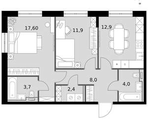 2-к квартира, вторичка, 61м2, 7/19 этаж