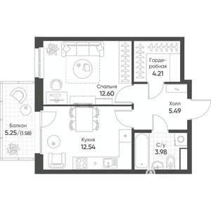 1-к квартира, строящийся дом, 40м2, 8/8 этаж