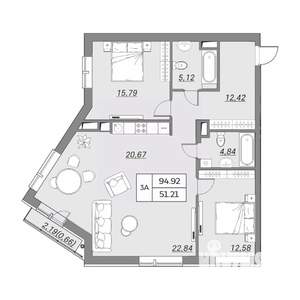 3-к квартира, вторичка, 95м2, 7/9 этаж