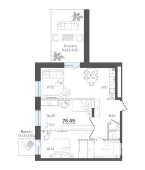 2-к квартира, строящийся дом, 78м2, 4/4 этаж