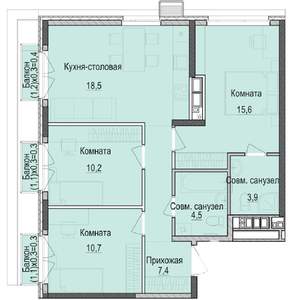 3-к квартира, строящийся дом, 72м2, 10/18 этаж