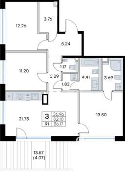3-к квартира, вторичка, 86м2, 1/8 этаж
