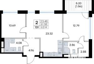 2-к квартира, вторичка, 63м2, 3/8 этаж