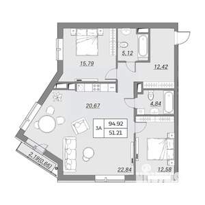 3-к квартира, вторичка, 95м2, 3/9 этаж