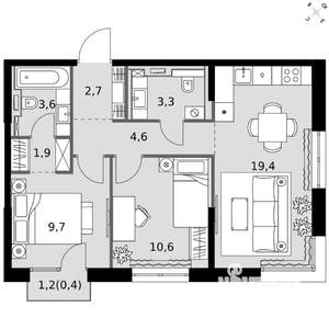 2-к квартира, вторичка, 56м2, 8/20 этаж