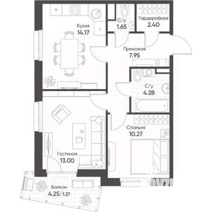2-к квартира, строящийся дом, 55м2, 12/17 этаж