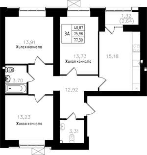 3-к квартира, строящийся дом, 77м2, 3/15 этаж