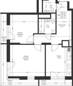 2-к квартира, вторичка, 61м2, 22/24 этаж
