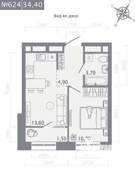 1-к квартира, строящийся дом, 34м2, 3/23 этаж