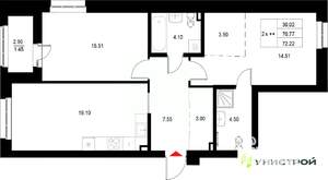 2-к квартира, вторичка, 72м2, 5/22 этаж