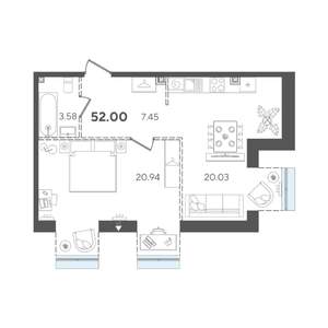 1-к квартира, строящийся дом, 52м2, 5/5 этаж