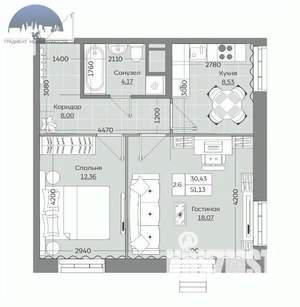 2-к квартира, вторичка, 51м2, 17/24 этаж