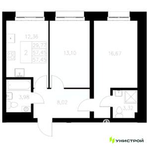2-к квартира, вторичка, 57м2, 1/8 этаж