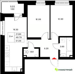 2-к квартира, вторичка, 51м2, 10/22 этаж