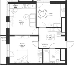 2-к квартира, вторичка, 59м2, 20/25 этаж