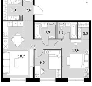3-к квартира, вторичка, 67м2, 18/19 этаж