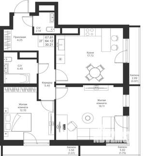 2-к квартира, вторичка, 68м2, 19/24 этаж