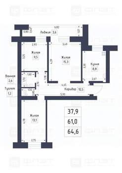 3-к квартира, вторичка, 65м2, 3/9 этаж
