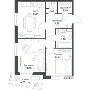 2-к квартира, строящийся дом, 55м2, 10/17 этаж