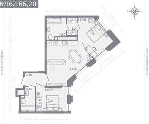 2-к квартира, строящийся дом, 66м2, 20/25 этаж