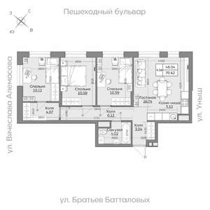 3-к квартира, вторичка, 70м2, 13/19 этаж