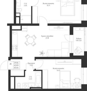 2-к квартира, вторичка, 66м2, 2/23 этаж