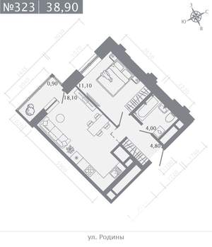 1-к квартира, строящийся дом, 39м2, 22/23 этаж