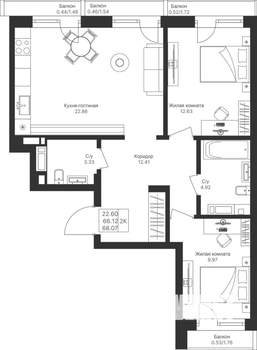 2-к квартира, вторичка, 68м2, 7/10 этаж