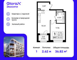 1-к квартира, вторичка, 37м2, 7/8 этаж