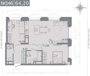 2-к квартира, строящийся дом, 64м2, 20/25 этаж