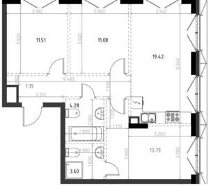 3-к квартира, строящийся дом, 71м2, 11/15 этаж