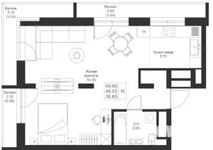 1-к квартира, вторичка, 50м2, 12/24 этаж