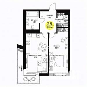 2-к квартира, вторичка, 55м2, 7/9 этаж